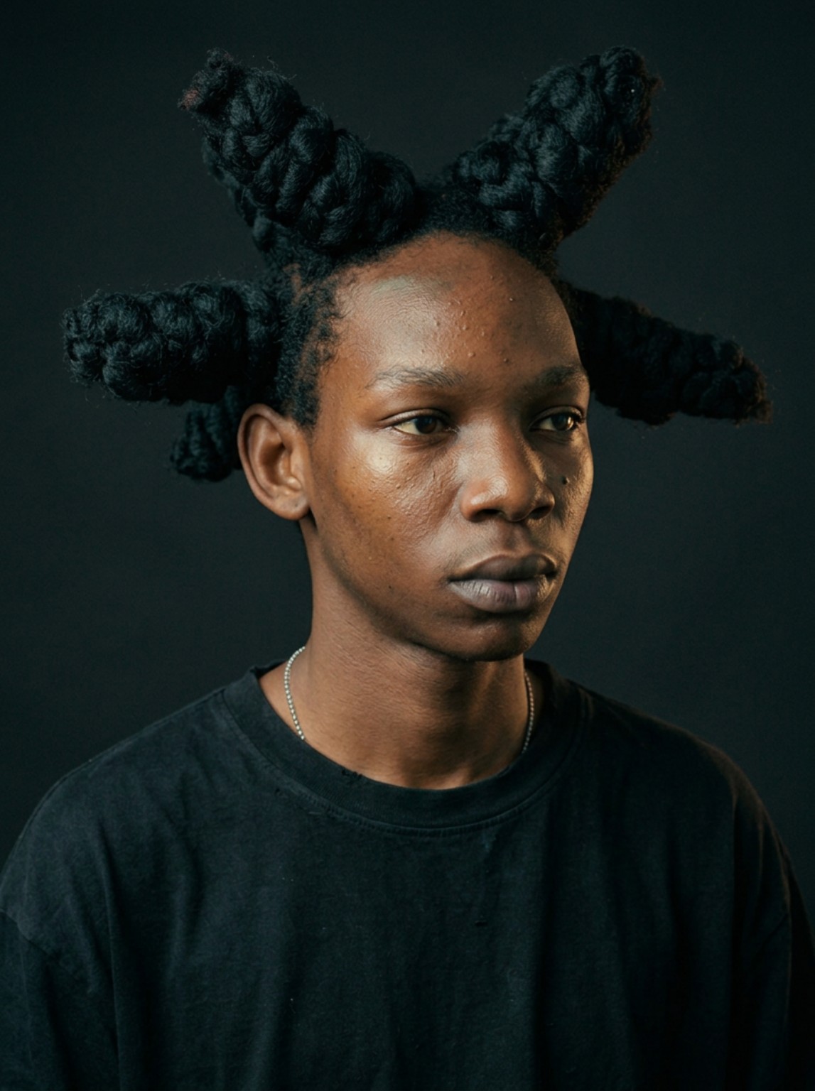 KING PLUS TZ in a studio portrait with sculptural twisted hair